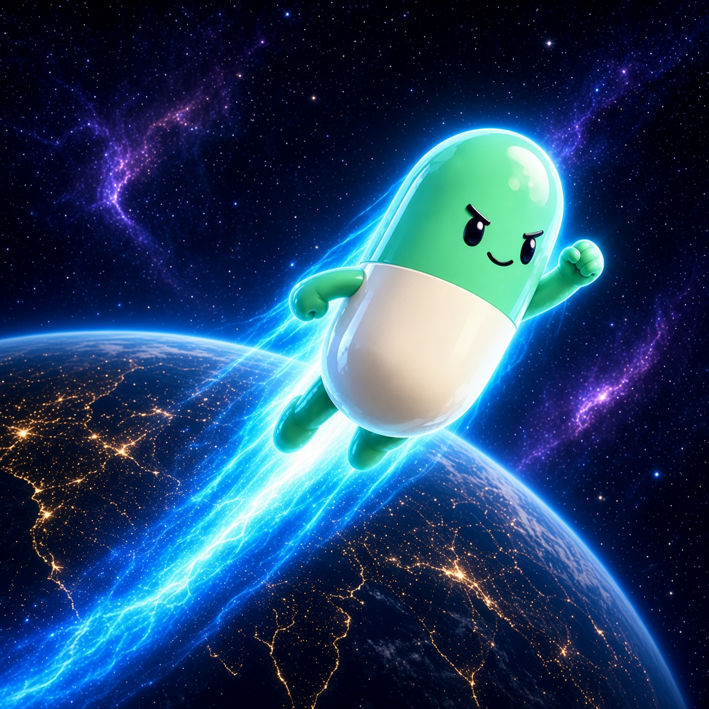 The capsule flies above Earth on a blue energy trail